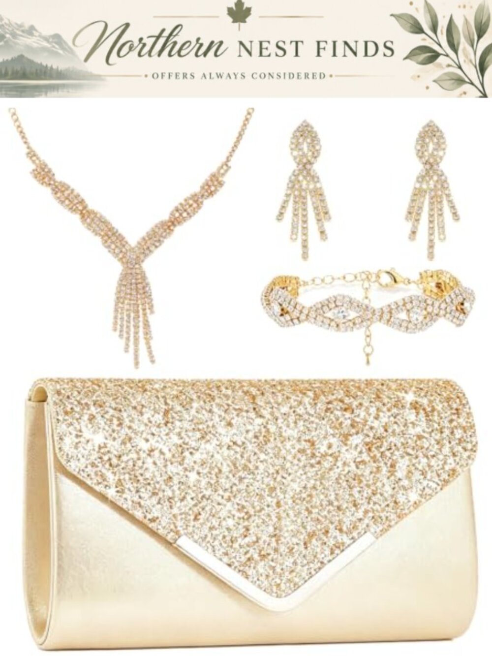 4 Pc Rhinestone Purse & Jewelry Set Tennis Necklace Bracelet Earrings Evening